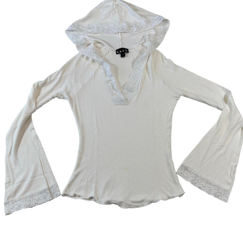 Y2K Tart Brand White Bell Sleeve Lace Top, V-Neck Hoodie, Size S, Made in USA